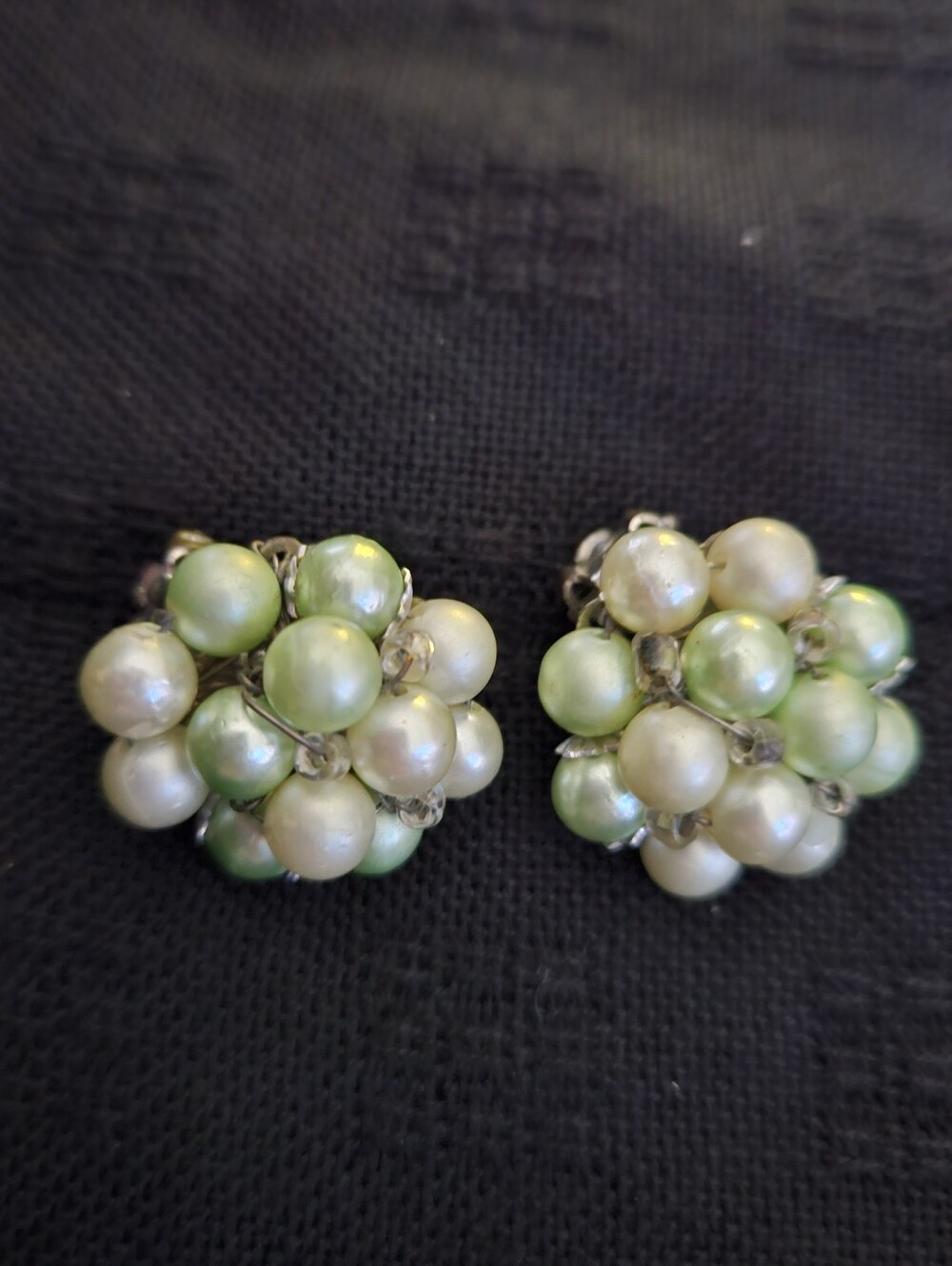 Vintage Cluster Pearl Clip-on Earrings in Light Green and Cream With Clear Bead